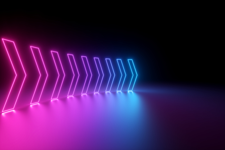 3d render, glowing neon arrows, abstract background, right, direction concept Le futur des solutions Procure-to-Pay – La vision à 5 ans de Spend Matters