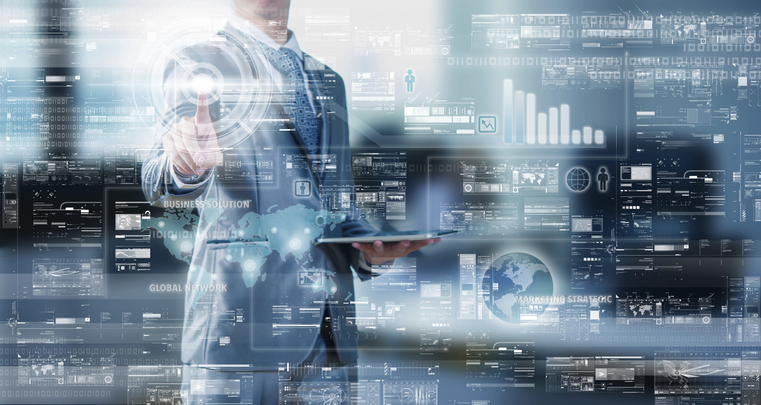 Businessman press on digital screen, digital layer effect, busin Die Vorteile von Suite-Lösungen: Einfach, ganzheitlich und zukunftsorientiert