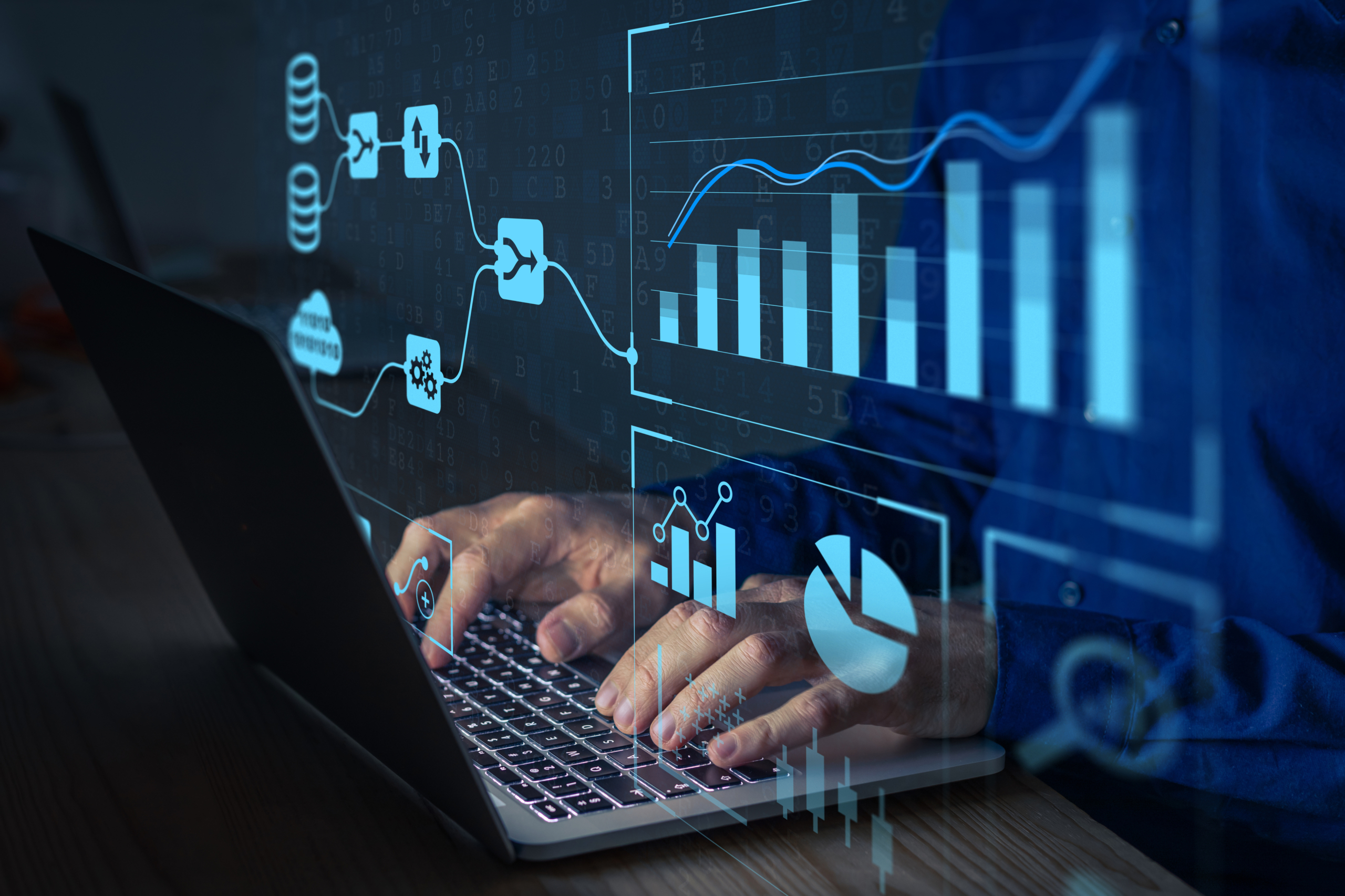 Analyst working with Business Analytics and Data Management System on computer to make report with KPI and metrics connected to database. Corporate strategy for finance, operations, sales, marketing A Practical Guide to Unlock Augmented Analytics