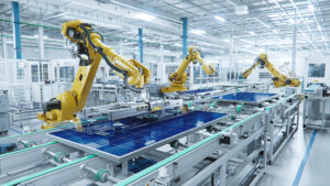 Manufacturing Line with Industrial Robot Arms at Modern Bright Factory. Solar Panels are being Assembled on Conveyor. Supplier Collaboration and Manufacturing Facility