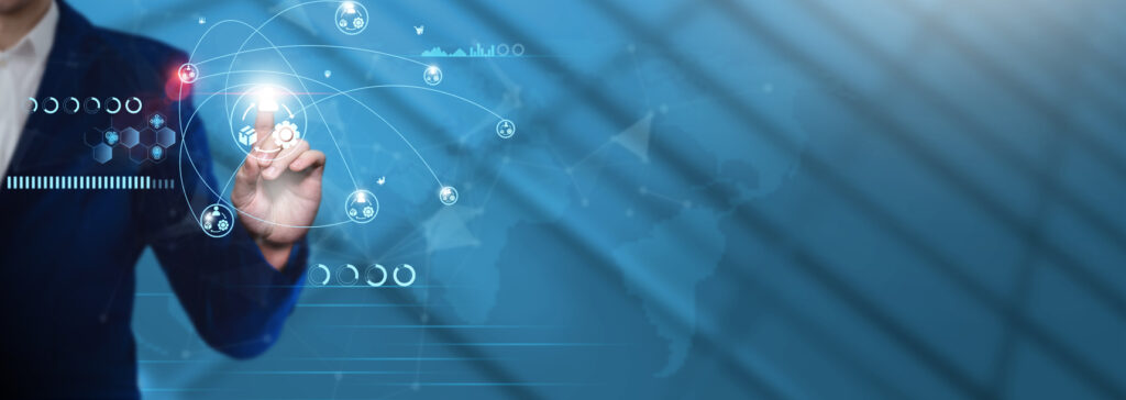 Strategic Sourcing and Supply Chain Management: Businessman Pointing with Supply Chain Management Icon and Technological Business Data Network. Optimizing Logistics, Enhancing Efficiency, Ensuring Transparency.