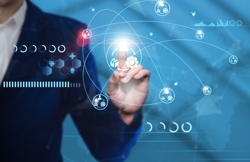 business man pointing at icons