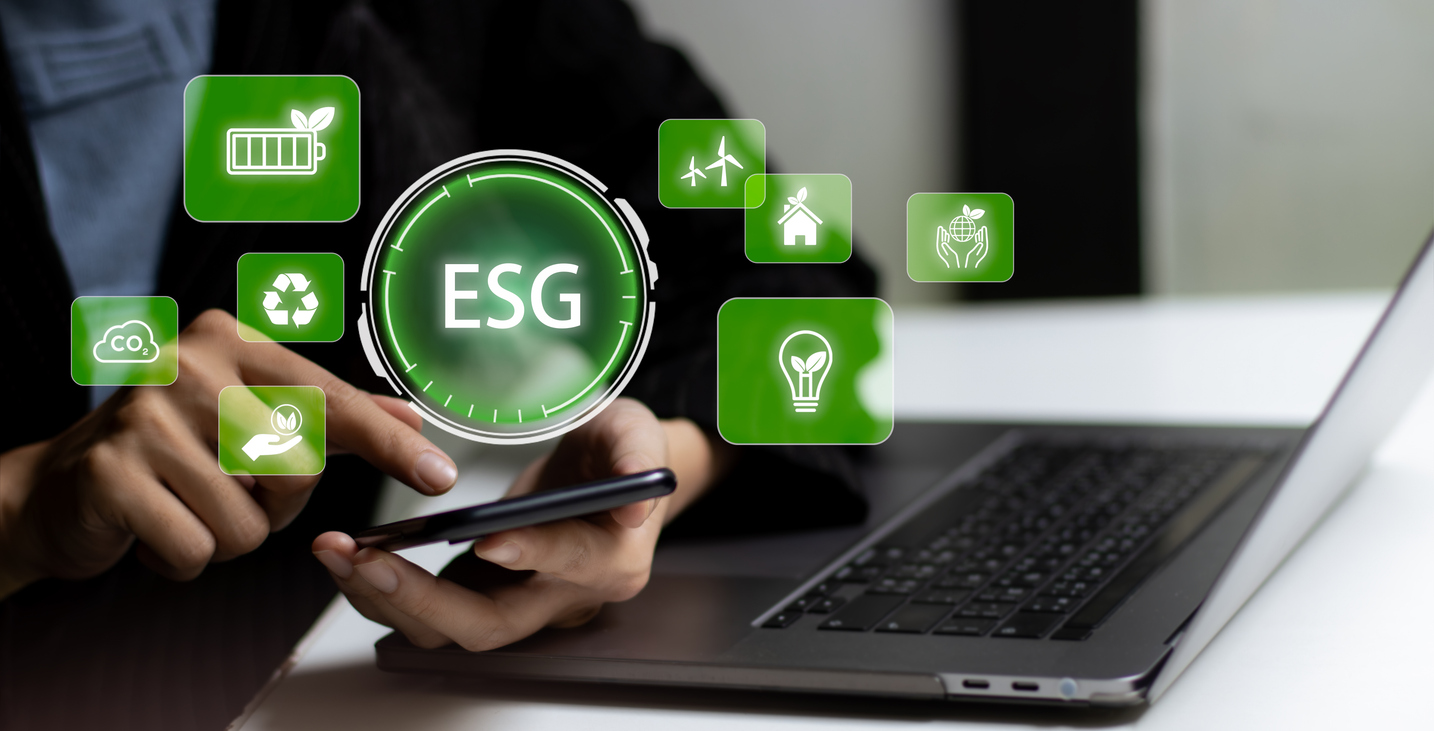 Source to pay, ESG concept Sustainable development goal. people working on smartphone and laptop with green icon, Green technology and Environmental technology background