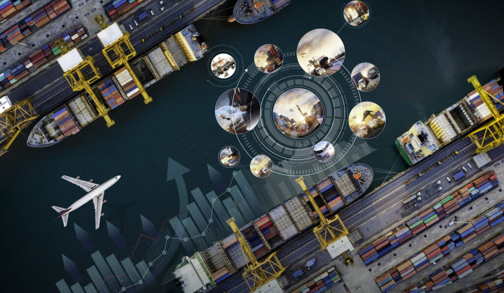 Supply Chain - Aerial view and top view cargo plane flying above ship port coverage
