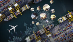 Supply Chain - Aerial view and top view cargo plane flying above ship port coverage