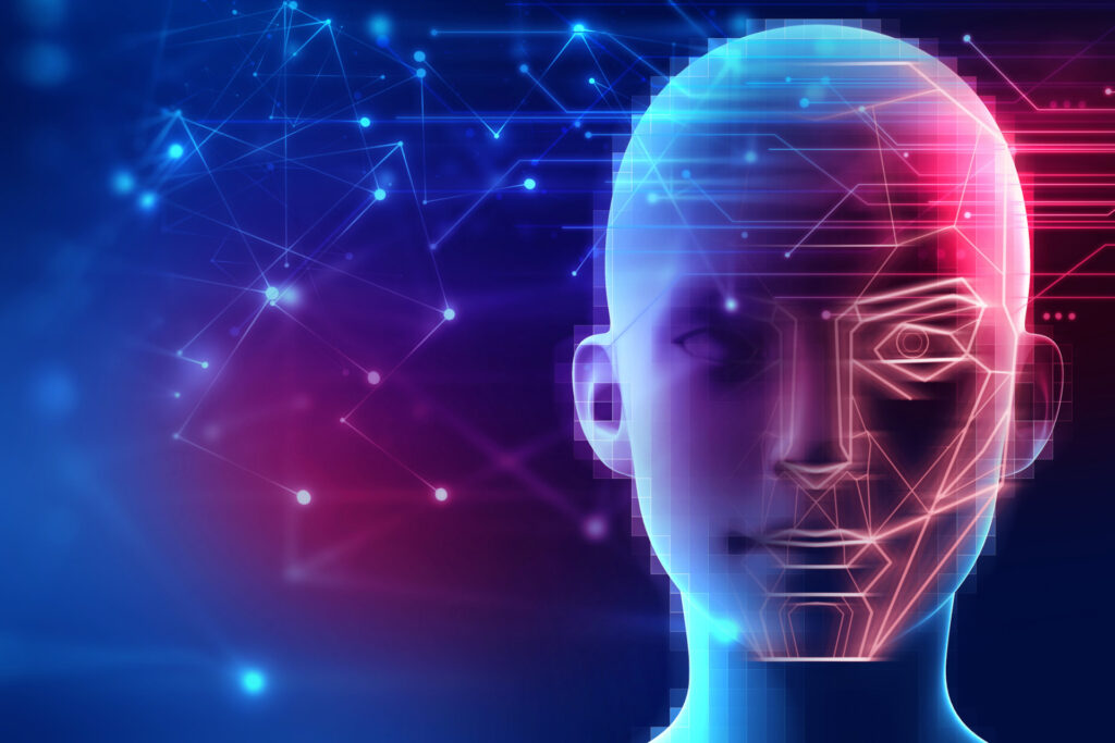 3d illustration of robotic human head with graphic element face represent artificial intelligence